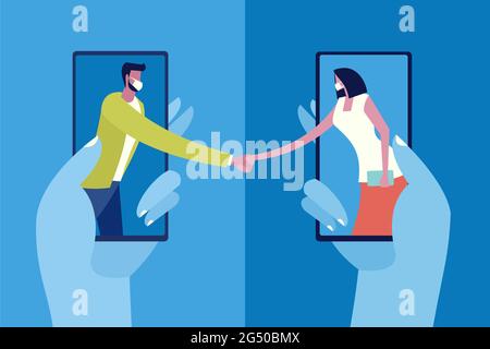 Illustrazione concettuale di due persone che indossano una maschera in piedi all'interno dei telefoni cellulari scuotendo le mani. Concetto di vita sociale al momento della pandemia virale Illustrazione Vettoriale