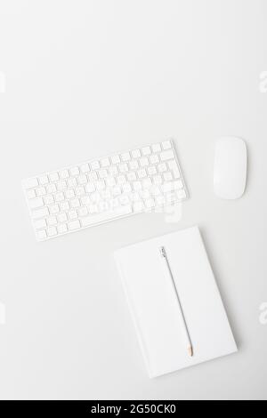 vista dall'alto di mouse, tastiera e notebook con matita isolata in bianco Foto Stock