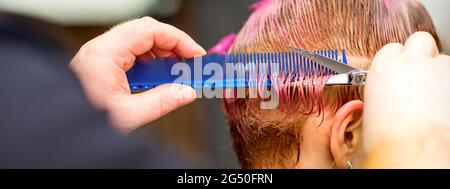 Giovane donna caucasica con capelli rosa che ottiene un taglio corto dalle mani di un parrucchiere maschio in un parrucchiere Foto Stock