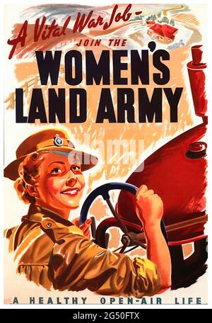 Manifesto della propaganda di reclutamento della seconda guerra mondiale britannica. Unisciti all'Esercito di Terra delle Donne. Gran Bretagna. 1940-1942 la Women's Land Army (WLA) è stata una società britannica Foto Stock