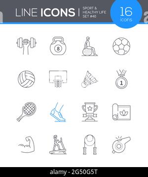 Sport e stile di vita sano - set di icone stile design di linea. Attrezzature sportive e sportive, idea di fitness. Allenamento di peso, yoga, giochi di palla, medaglia, Illustrazione Vettoriale