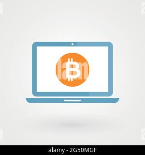 Bitcoin e notebook. Concetto di valuta criptata. Valuta digitale. Illustrazione vettoriale, design piatto Illustrazione Vettoriale