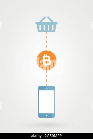 Bitcoin. Concetto di valuta criptata. Valuta digitale. Shopping concept.illustrazione vettoriale, design piatto Illustrazione Vettoriale