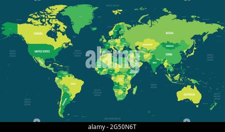 Mappa del mondo - colore verde su sfondo scuro. Mappa politica dettagliata del mondo con l'etichettatura dei nomi di paese, capitale, oceano e mare Illustrazione Vettoriale