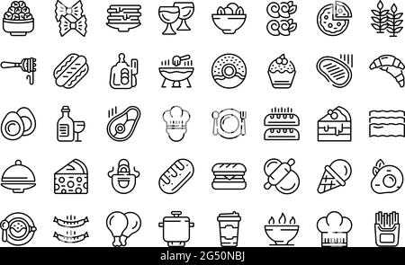 Set di icone della cucina francese. Contorno insieme di icone vettoriali della cucina francese per il web design isolato su sfondo bianco Illustrazione Vettoriale