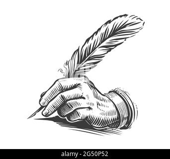 Scrittura a mano con una piuma. Illustrazione disegnata in stile d'incisione vintage Illustrazione Vettoriale