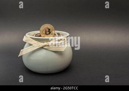 La moneta di bitcoin si trova nella banca del piggy sulle monete fiat. Simbolo di accumulo e investimento della criptovaluta. Spazio di copia Foto Stock