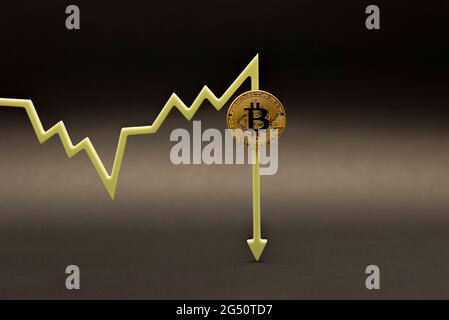 Prezzo Bitcoin. Fluttuazioni e previsioni del tasso di criptovaluta. La moneta di Bitcoin sulla tabella dei prezzi punta verso il basso. Su sfondo nero, spazio di copia Foto Stock