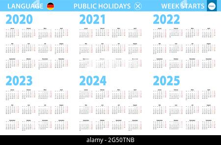 Calendario in lingua tedesca per gli anni 2020, 2021, 2022, 2023, 2024, 2025. La settimana inizia dal lunedì. Calendario vettoriale. Illustrazione Vettoriale