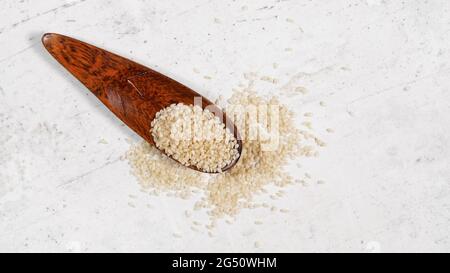 Sesamo bianco - Sesamum indicum - semi in piccolo cucchiaio di legno su pietra bianca come tavola, vista dall'alto Foto Stock