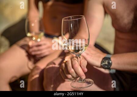 DO Terra alta degustazione di vini nello stretto di Fontcalda del fiume Canaletes (Terra alta, Tarragona, Catalogna, Spagna) ESP: Cata de vino de la Terra alta Foto Stock