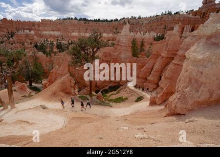 Utah, USA - 15 maggio 2021: Gruppi di escursionisti sul sentiero del Queens Garden conquistano i difficili switchback Foto Stock