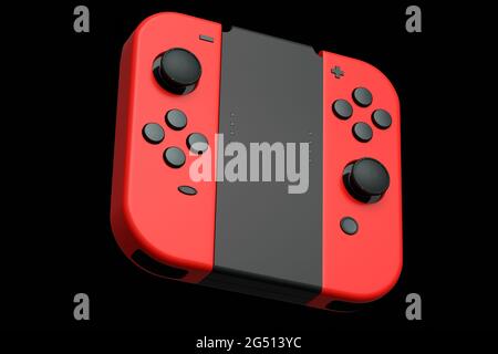 Controller portatili per videogiochi collegati al touch screen in nero sfondo Foto Stock