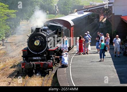 Il treno a vapore Valley Rattler alla stazione di Gympie, Queensland, Australia Dicembre Foto Stock