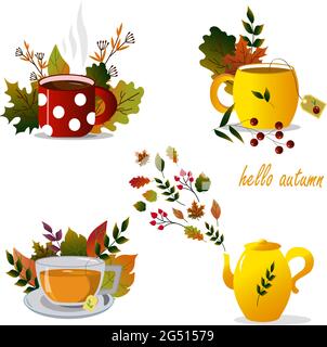 Set con tazze diverse, teiera e foglie d'autunno. Illustrazione vettoriale. Illustrazione Vettoriale