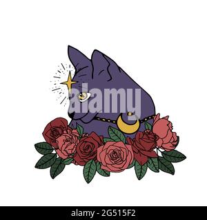 Illustrazione della linea dell'arte del gatto mistico disegnato a mano. Animale domestico di strega decorato con corona di fiori di rosa. Illustrazione Vettoriale