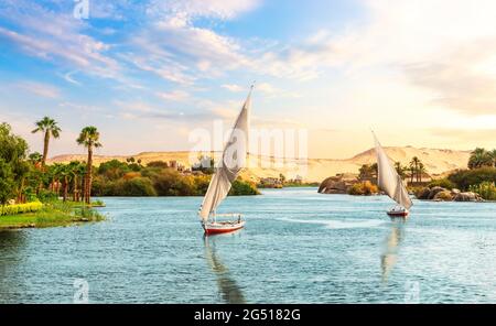 Assuan in Egitto, splendida vista sul Nilo con barche a vela Foto Stock