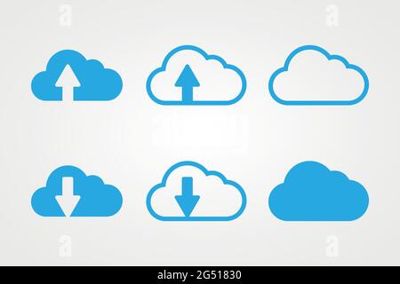 Set: Adesivo icona nuvola. Concetto di cloud computing, storage cloud. Disegno vettoriale piatto Illustrazione Vettoriale