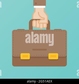 Valigetta per mano umana. Concetto o business. Illustrazione vettoriale. Design piatto Illustrazione Vettoriale