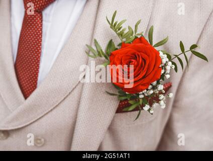 Abito da sposa beige da uomo con cravatta a pois rossa, decorato con una rosa, primo piano. Foto Stock