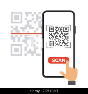 Mano con telefono scansione codice qr. Icona stile piatto. Illustrazione vettoriale Illustrazione Vettoriale