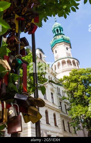 Lucchetti d'amore con torre Firewatch (Tuztorony) sfocato sullo sfondo, Sopron, Ungheria Foto Stock