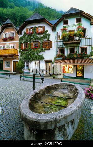 Fontana sulla strada nel villaggio di Hallstatt, Salzkammergut, Austria Foto Stock