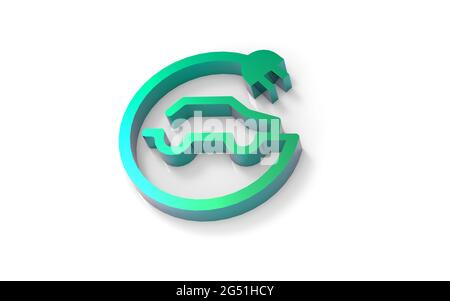 Illustrazione in 3D di un'auto elettrica di colore verde brillante, su sfondo bianco, a spina in auto circondata da cerchio a forma di orizzontale Foto Stock