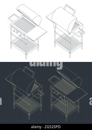 Illustrazione vettoriale stilizzata di disegni isometrici di griglie e barbecue Illustrazione Vettoriale