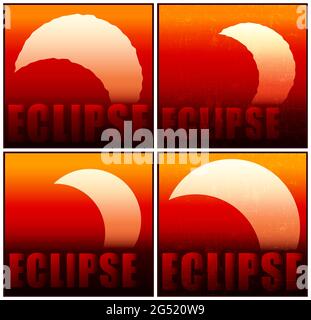 Diverse illustrazioni vettoriali stilizzate di parziale eclissi del sole Illustrazione Vettoriale