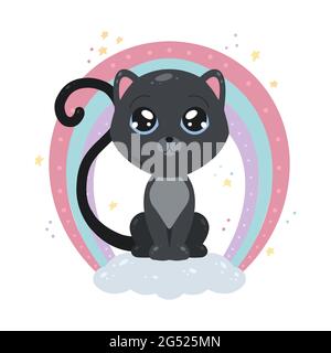 Cute illustrazione infantile di un gatto nero su una nuvola con un arcobaleno e stelle. Immagine piatta di un gattino per cartoline. Sogni dolci. Animalisti vettoriali Illustrazione Vettoriale