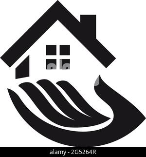 Vettore semplice logo, home sulla mano. Concetto di vendita e affitto case Illustrazione Vettoriale
