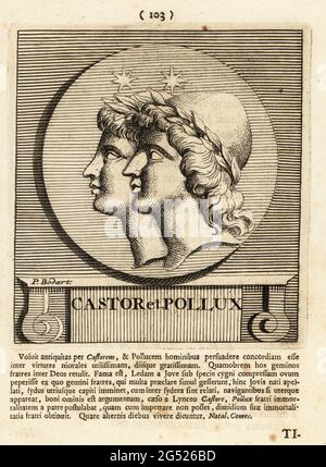 Castor e Pollux, fratellastri gemelli nella mitologia romana, Polideuchi nel mito greco, conosciuti insieme come i Dioscuri. Incisione su copperplate di Pieter Bodart (1676-1712) da Henricus Spoor's Deorum et Heroum, virorum et mulierum Illustrium imagines Antiquae Illustatae, dei ed Eroi, uomini e Donne, Illustrated with Antique Images, Petrum, Amsterdam, 1715. Pubblicato per la prima volta come Favissæ utriusque antiquitatis tam Romanæ quam Græcæ nel 1707. Henricus Spoor era un medico olandese, studioso di musica classica, poeta e scrittore, fl. 1694-1716. Foto Stock