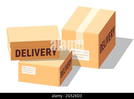 Set di scatole isometriche di cartone per la consegna e lo stoccaggio. Raccolta di cassette in cartone isolate con vari angoli e punti di vista. Illustrazione Vettoriale