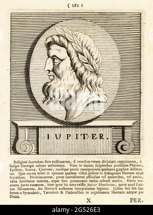 Giove in corona d'alloro, capo dio Olimpio del pantheon romano; dio del cielo, marito di Hera/Giunone. Zeus nella mitologia greca. Iupiter. Incisione su copperplate di Pieter Bodart (1676-1712) da Henricus Spoor's Deorum et Heroum, virorum et mulierum Illustrium imagines Antiquae Illustatae, dei ed Eroi, uomini e Donne, Illustrated with Antique Images, Petrum, Amsterdam, 1715. Pubblicato per la prima volta come Favissæ utriusque antiquitatis tam Romanæ quam Græcæ nel 1707. Henricus Spoor era un medico olandese, studioso di musica classica, poeta e scrittore, fl. 1694-1716. Foto Stock