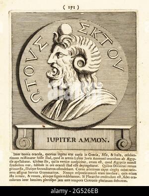 Giove con corna di montone, capo dio Olimpio del pantheon romano; dio del cielo, marito di Hera/Giunone. Zeus nella mitologia greca. Iupiter. Incisione su copperplate di Pieter Bodart (1676-1712) da Henricus Spoor's Deorum et Heroum, virorum et mulierum Illustrium imagines Antiquae Illustatae, dei ed Eroi, uomini e Donne, Illustrated with Antique Images, Petrum, Amsterdam, 1715. Pubblicato per la prima volta come Favissæ utriusque antiquitatis tam Romanæ quam Græcæ nel 1707. Henricus Spoor era un medico olandese, studioso di musica classica, poeta e scrittore, fl. 1694-1716. Foto Stock