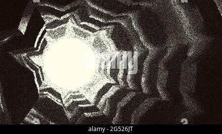 Corridoio di aggancio in stile retrò sulla stazione spaziale o luce alla fine del tunnel per poster o volantino fantascientifico. Porta o grotta con stile dotwork. Illustrazione Vettoriale