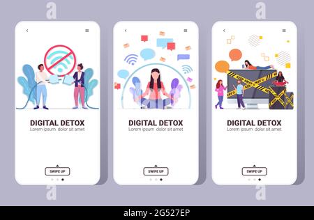 impostare le persone che trascorrono tempo senza dispositivi digital detox concept donne uomini che abbandonano i gadget Illustrazione Vettoriale