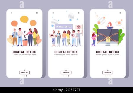 impostare le persone che trascorrono tempo senza dispositivi digital detox concept donne uomini che abbandonano i gadget Illustrazione Vettoriale