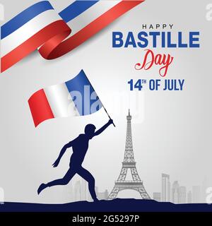 Francia. 14 luglio. Happy Bastille Day. Silhouette uomo che corre con bandiera. Illustrazione vettoriale Illustrazione Vettoriale