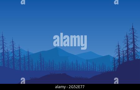 Vista realistica delle montagne con la foresta dalla periferia della città di notte.Vector illustrazione di una città Illustrazione Vettoriale