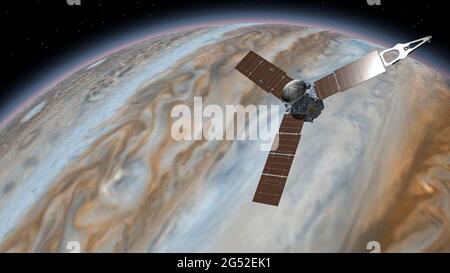 Juno è una sonda spaziale della NASA che orbita nel pianeta Giove. Giove Planet che ruota nello spazio esterno. Viaggiare verso il pianeta Giove nello spazio. Elementi di Foto Stock
