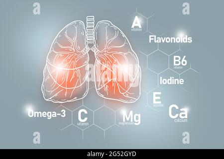 Nutrienti essenziali per la salute dei polmoni, tra cui Omega-3, flavonoidi, magnesio, iodio. Insieme di disegno dei principali organi umani con le vitamine Foto Stock