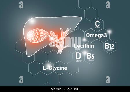 Nutrienti essenziali per la salute della vescica di gallina, tra cui Omega 3, L-glicina, Omega3, lecitina su sfondo grigio scuro. Foto Stock