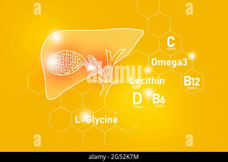 Nutrienti essenziali per la salute della vescica di gallina, tra cui Omega 3, L-glicina, Omega3, lecitina su sfondo giallo. Foto Stock