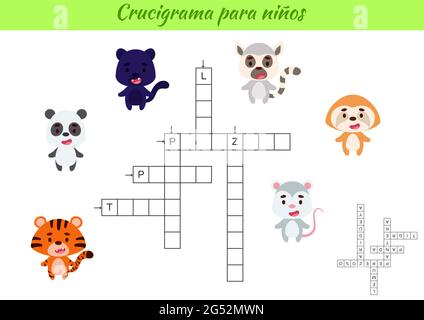 Crossword per bambini in spagnolo con foto di animali. Gioco educativo per studiare la lingua e le parole spagnole. Foglio di lavoro stampabile per le attività dei bambini. Illustrazione Vettoriale
