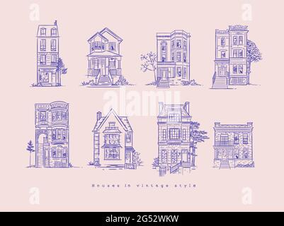 Set di case disegnate in vecchio stile vintage con linee blu blu linee blu Illustrazione Vettoriale