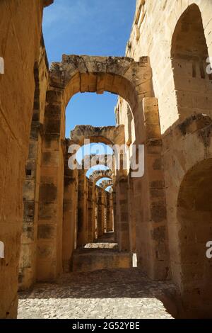 Gli archi all'interno della parete esterna dell'anfiteatro El Jem, Tunisia Foto Stock