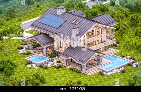 rendering 3d di chalet moderno e accogliente con piscina e parcheggio in vendita o in affitto. Colonne di travi in legno massiccio. Belle montagne forestali sullo sfondo. Cl Foto Stock