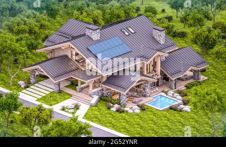 rendering 3d di chalet moderno e accogliente con piscina e parcheggio in vendita o in affitto. Colonne di travi in legno massiccio. Belle montagne forestali sullo sfondo. Cl Foto Stock